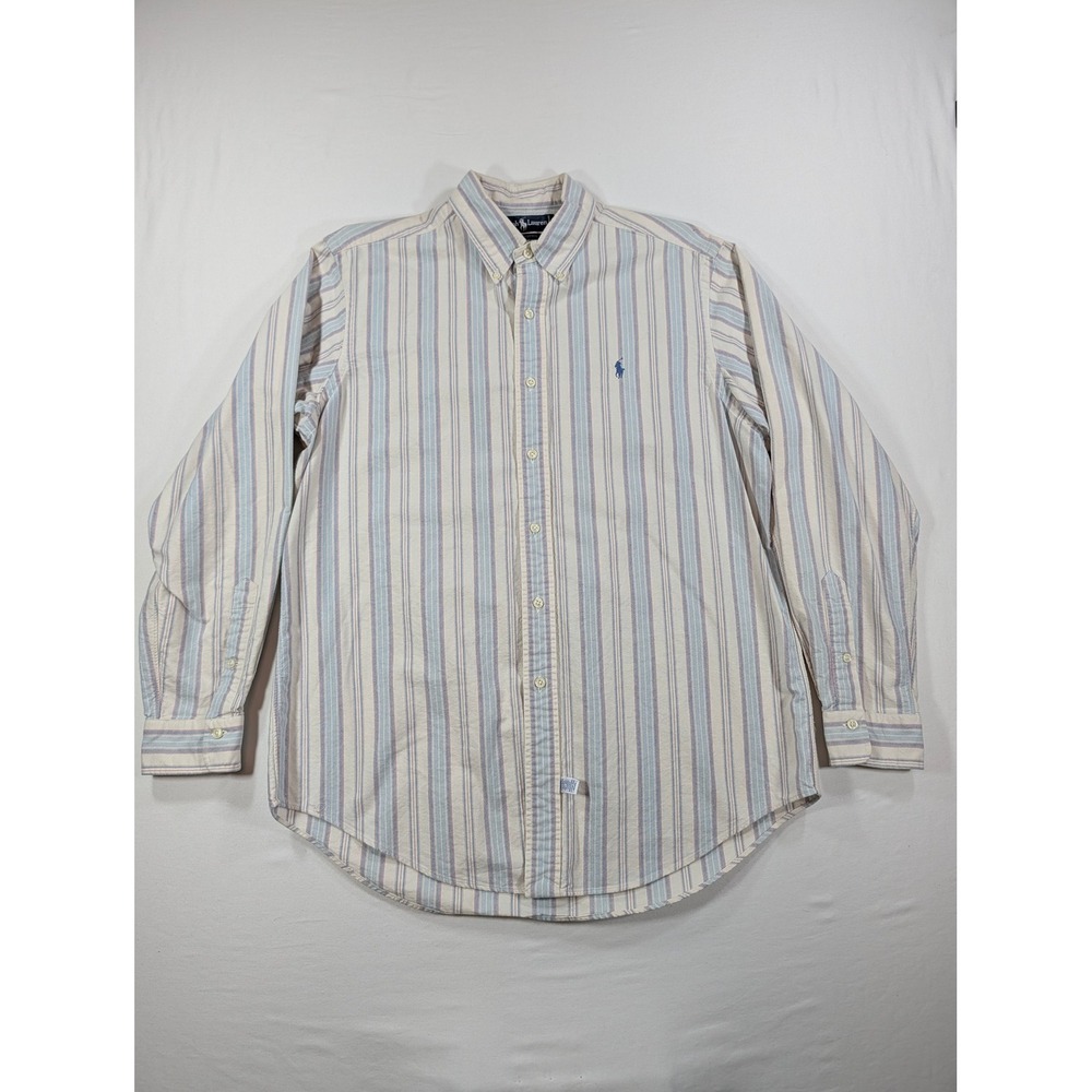 Ralph Lauren Mens Large Striped Oxford Button Down Shirt Blue Red Cream Cotton